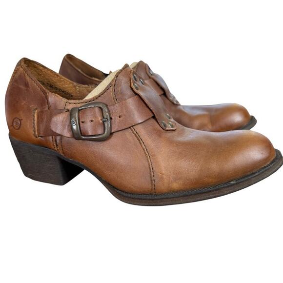 Born Brown Leather Chunky Block Heel Ankle Booties Boots Shoes Buckle Strap 7.5 - Picture 1 of 16